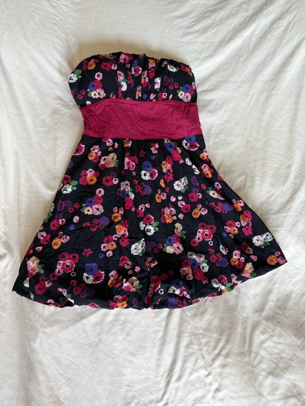 Black Floral Strapless Dress with Magenta Waist